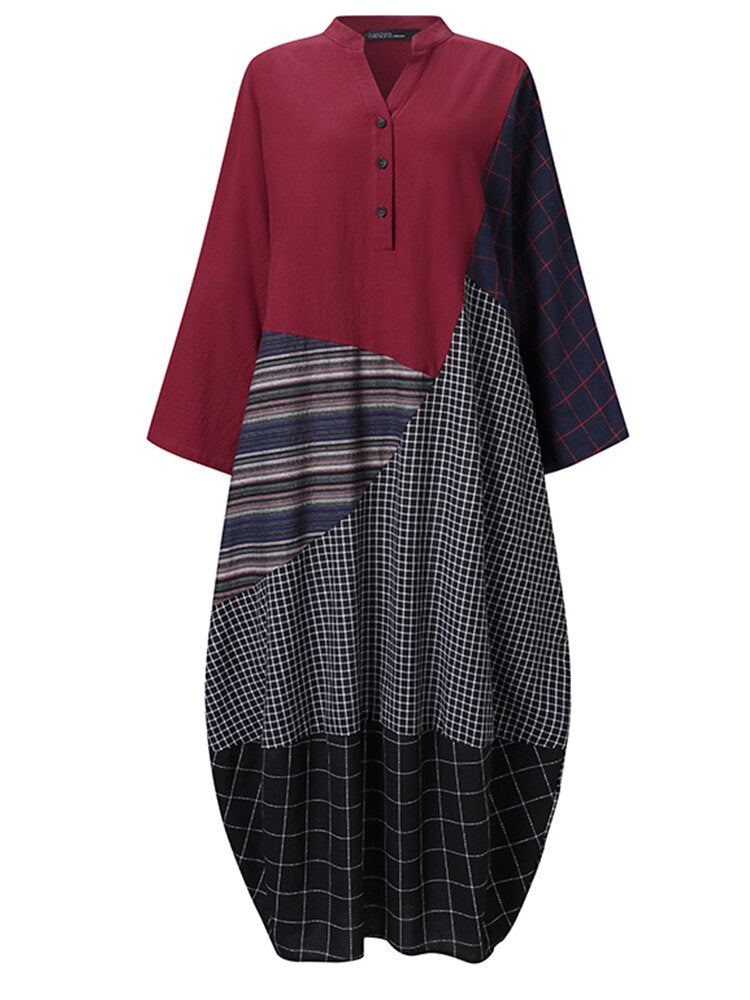 Women Plaid Stripe Patchwork V-Neck Half Button Front Vintage Maxi Dresses