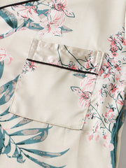 Plus Size Women Plant Print Revere Collar Faux Silk Short Sleeve Loose Pajama Sets