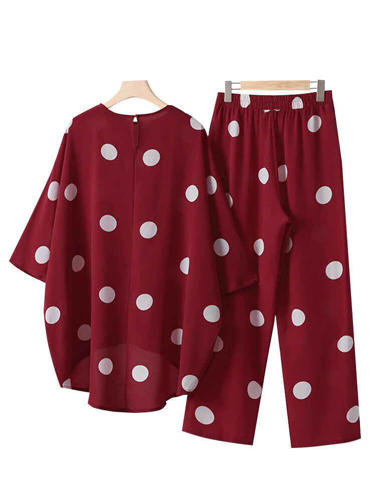 Polka Dot Irregular Hem Elastic Waist Casual Suit