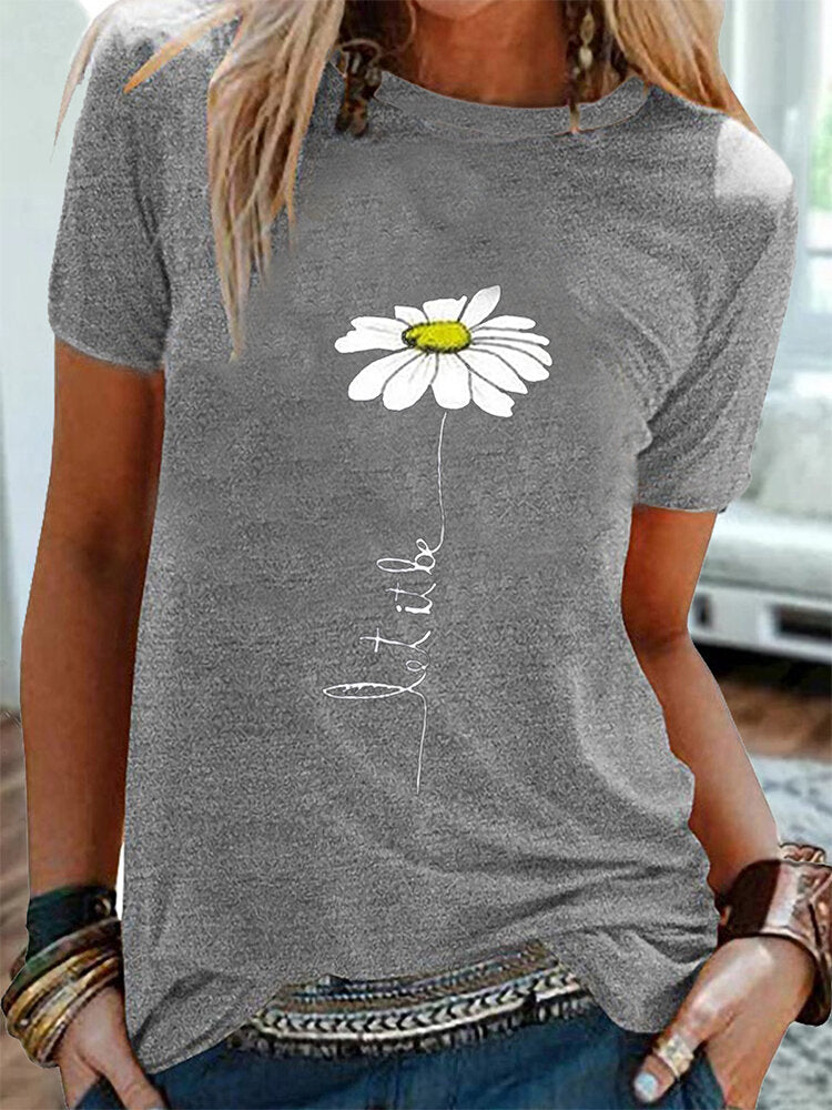 Women Daisy Embroidery Round Neck Casual Short Sleeve T-Shirts