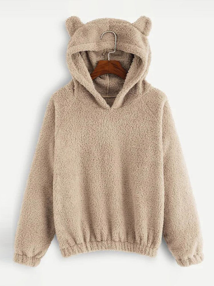 Cutie CasualSolid Color Fuzzy Ear Long Sleeve Patchwork Teddy Hoodies
