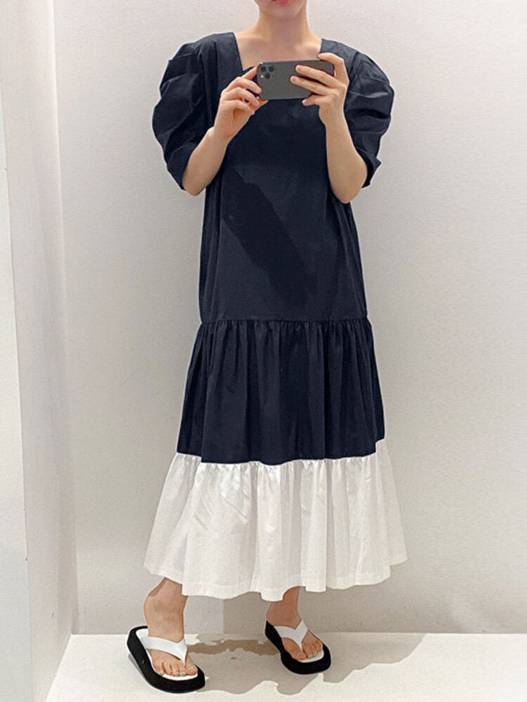 Puff Sleeve Spliced Pleated Solid Loose Summer Dress For Women