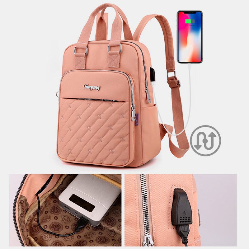 Women Nylon Letter Embroidery Pattern Usb Charging Large Capacity Backpack Computer Bag