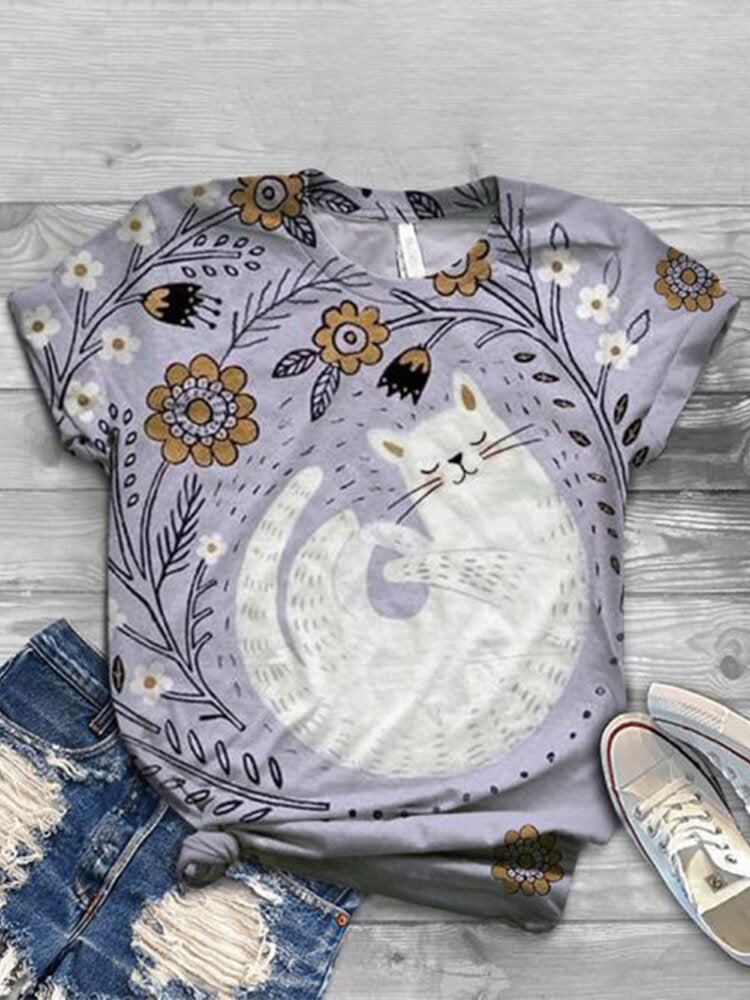 Women Cute Cat Floral Print Round Neck Casual Short Sleeve T-Shirts
