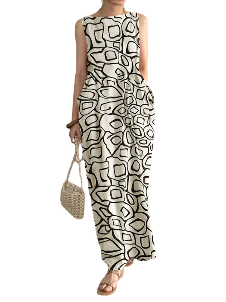 Sleeveless Round Neck Pocket Print Paisley Maxi Dress