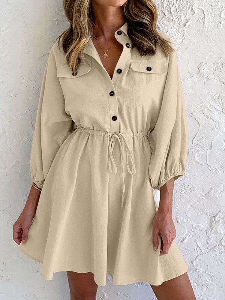 Solid Drawstring Button Lapel 3/4 Sleeve Shirt Dress