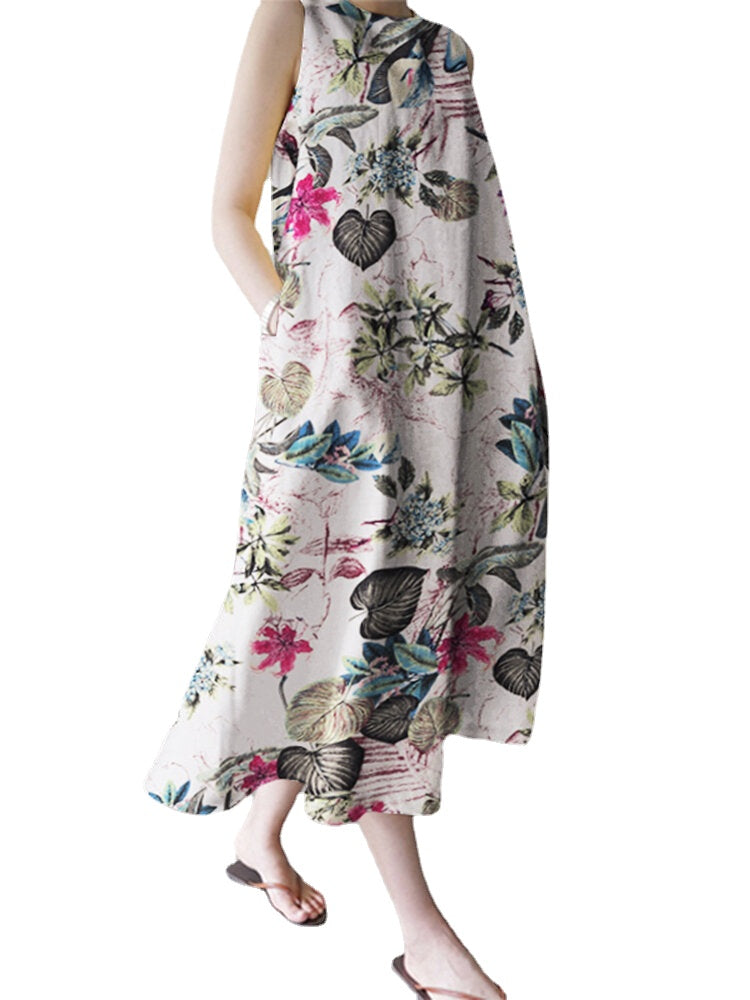 Women Plant Floral Print Sleeveless Loose Maxi Dress With Side Pocket