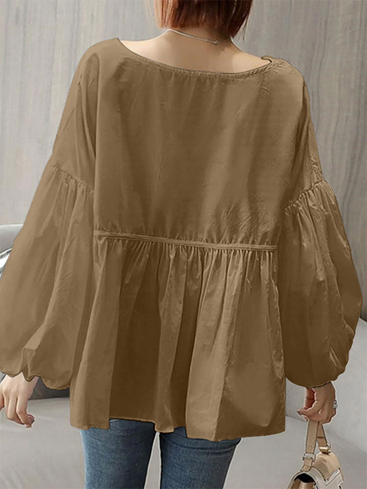 Solid Knotted Ruched Puff Sleeve Casual Blouse