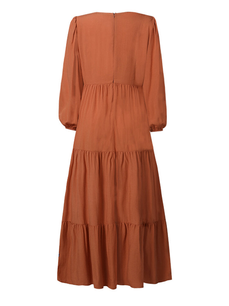 Women Retro Solid Color Back Zipper Puff Sleeve Loose Casual Maxi Dress