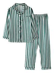 Women Striped Revere Collar Button Up Long Sleeve Shirt Two Piece Pajama Set