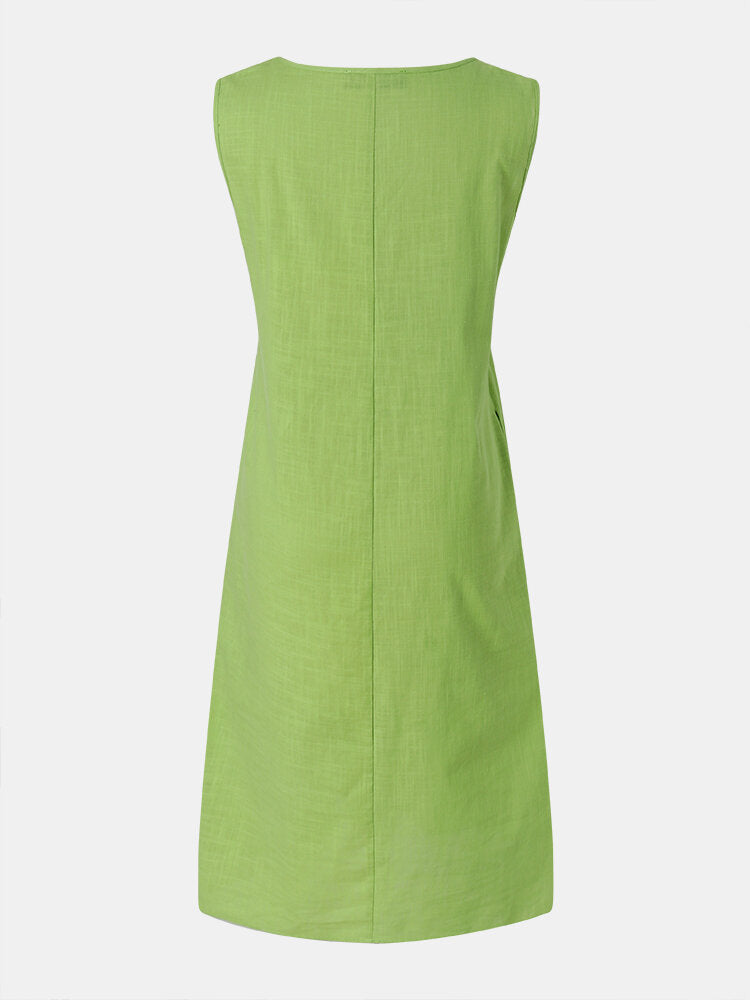 Solid Color Pleated V-Neck Sleeveless Casual Midi Dress With Pocket