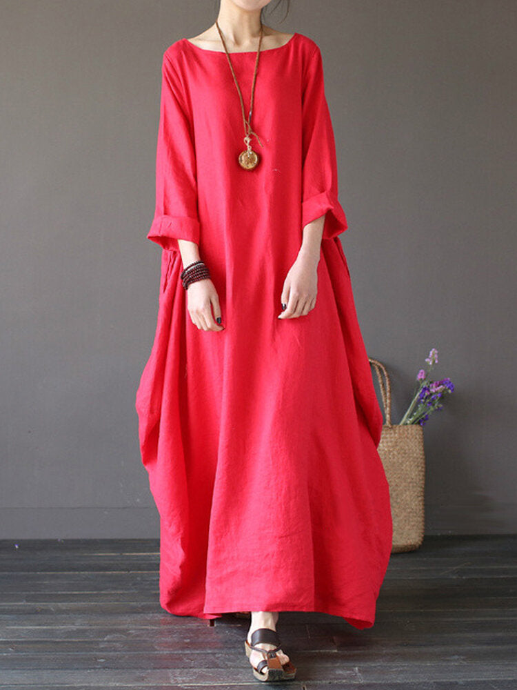 L-5XL Casual Women Loose Solid Color Baggy 3/4 Sleeve Maxi Dress(No Pocket)