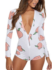 Fruit Vegetable Print Front Button V Neck Long Sleeves Casual Playsuits