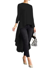 Women Long Sleeve Crew Neck High Low Hem Solid Blouse