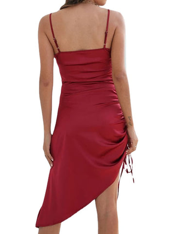 Women's Sleeveless Pure Color Ruched Design V Neck Stylish Weekend Satin Dress