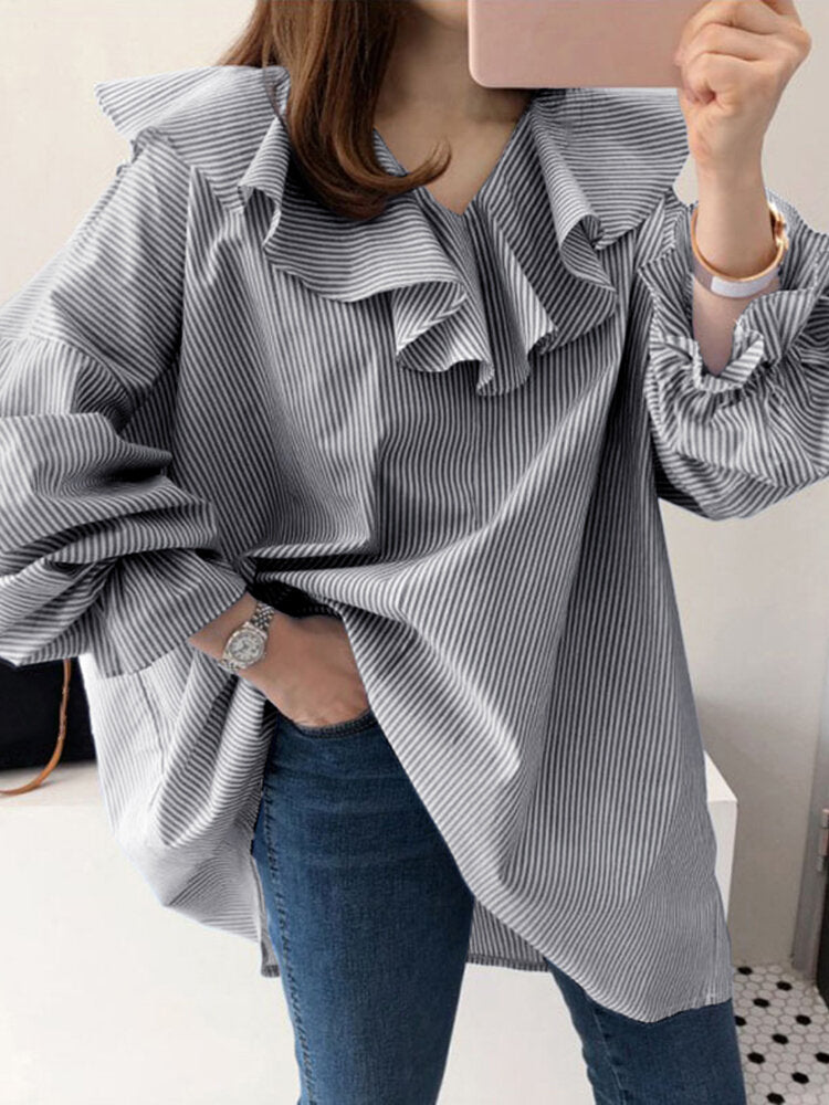 Women Ruffles Collared Striped Irregular Pleats Spliced Elastic Cuffs Casual Shirts