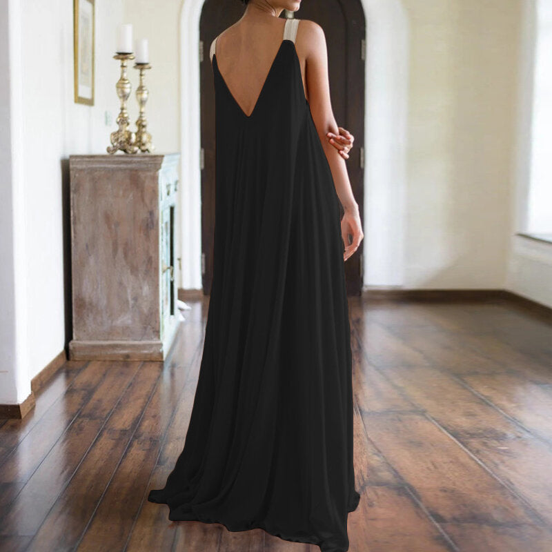 Woman V-Neck Elegant Loose Fit Long Dress