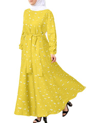 Bohemian Floral Print O-neck Lace Up Long Sleeve Button Belted Maxi Dress