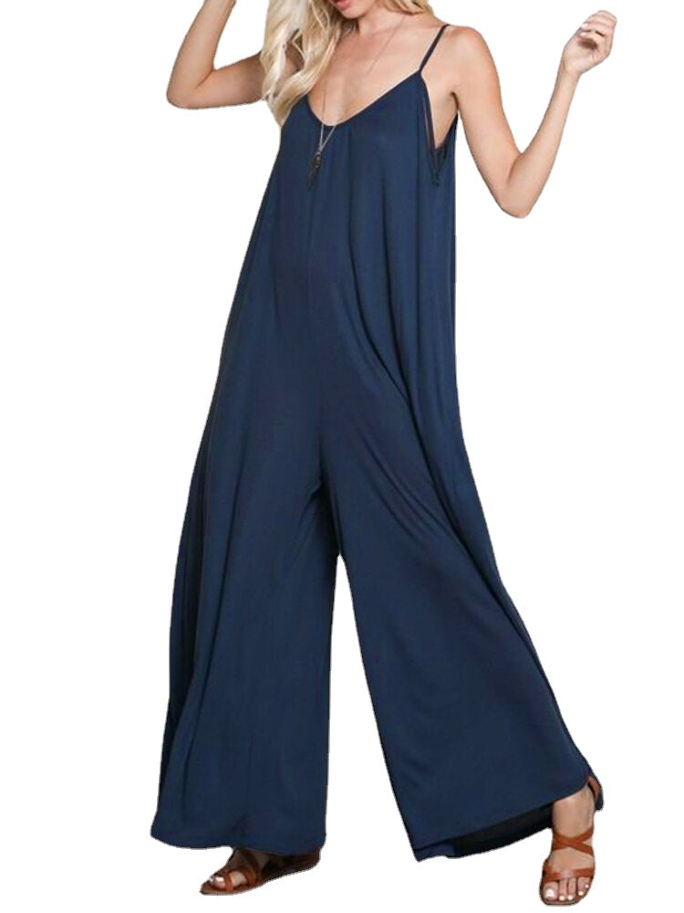 Women Spaghetti Strap Loose Overalls Wide Leg Jumpsuit