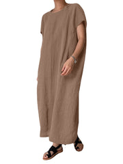 Solid Pocket Cotton Round Neck Casual Maxi Dress