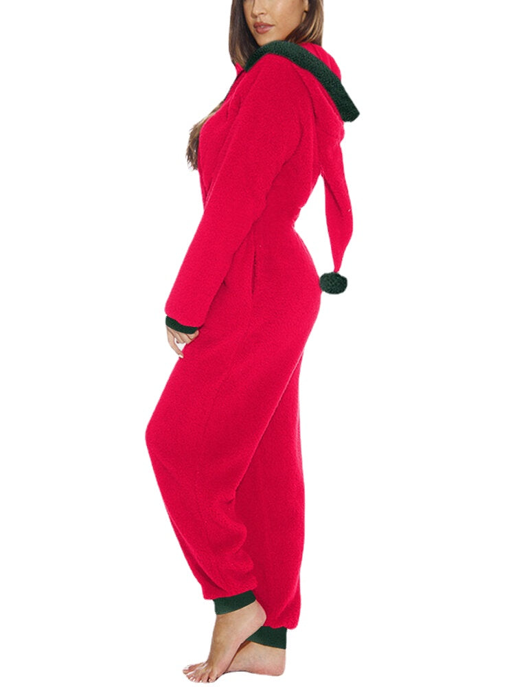 Women Cute Hooded Long Sleeve Fleece Cozy Warm Solid Color Sleepwear Jumpsuits