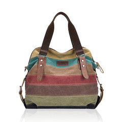 Women Stripe Canvas Handbag  Micro-Fibric Leather Shoulder Contrast Color Crossbody Bags