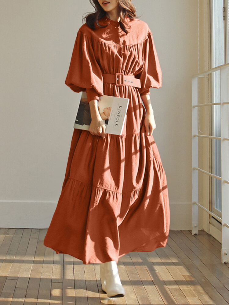 Solid Color Stand Collar Puff Sleeve Belted Pleated Shirt Maxi Dress