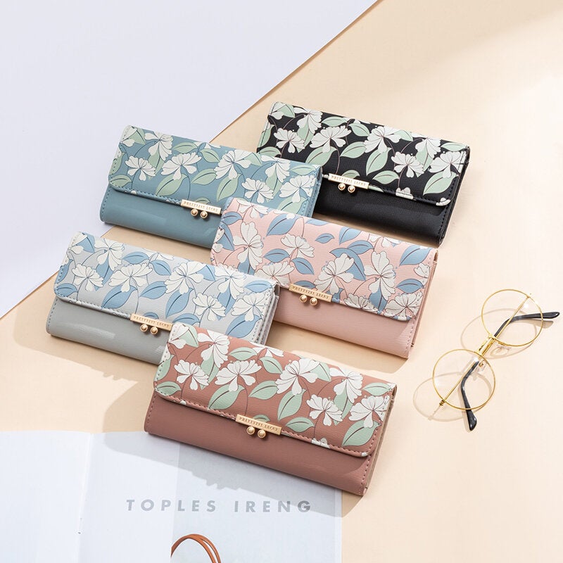 Women Plants 9 Card Slots Floral Trifold Wallet Purse