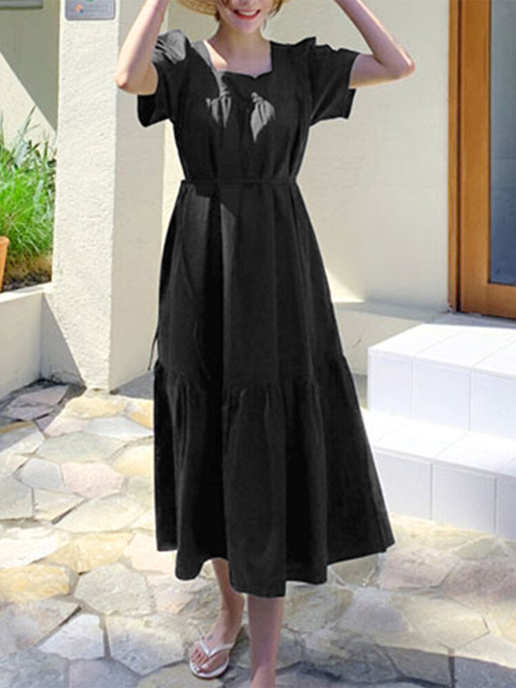 Leisure Solid Tie-Up Ruched Square Collar Maxi Dress