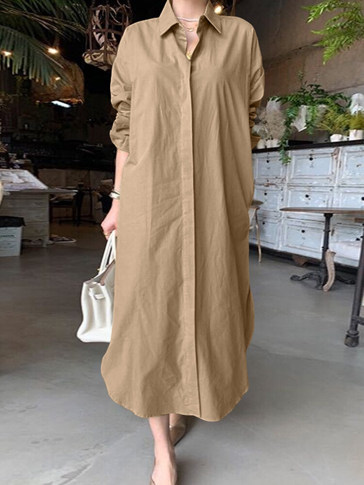 Women Brief Style Solid Color Turn-Down Collar Long Sleeve Casual Shirt Dress