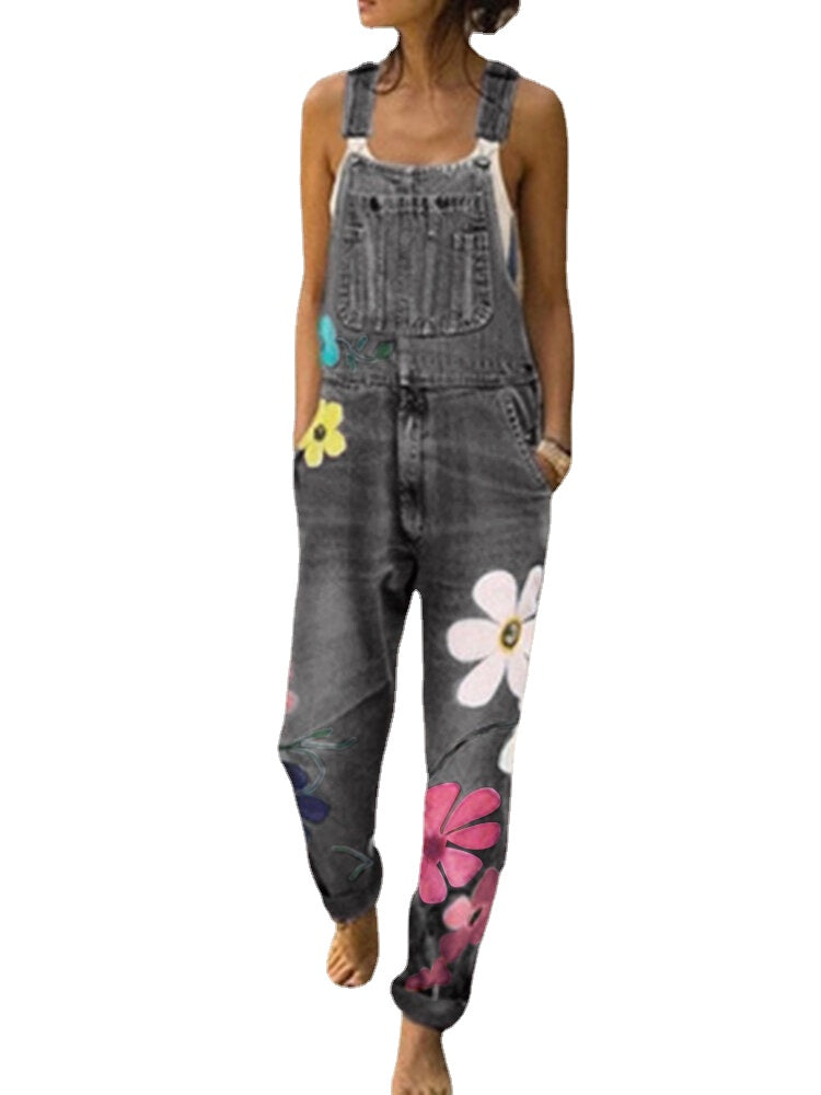 Women Casual Big Flower Print Pockets Denim Jumpsuit