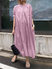 Casual Plain Puff Sleeves O-neck Pleated Solid Maxi Dress With Pocket