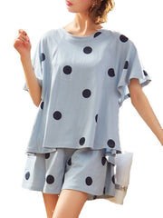 Women Polka Dot Print Round Neck Short Sleeve Shorts Casual Pajama Sets