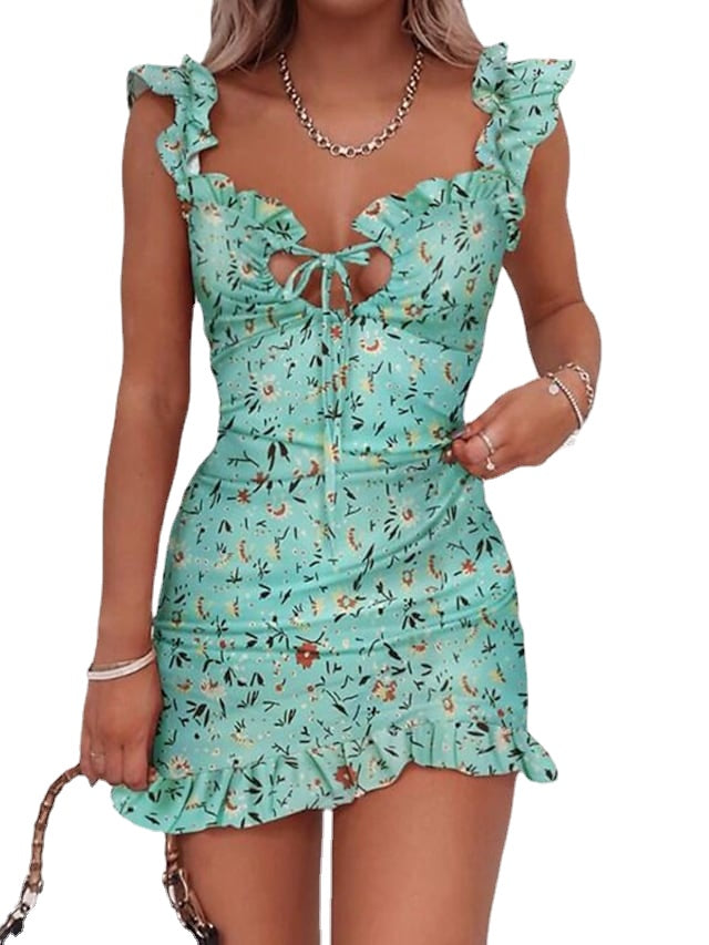 Women‘s Sleeveless Floral Print V Neck Stylish Beach Holiday Slim Dress