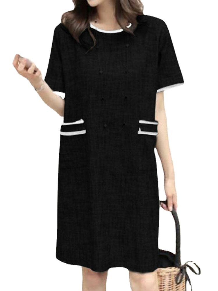 Contrast Color Pocket Short Sleeve Midi Casual Dress