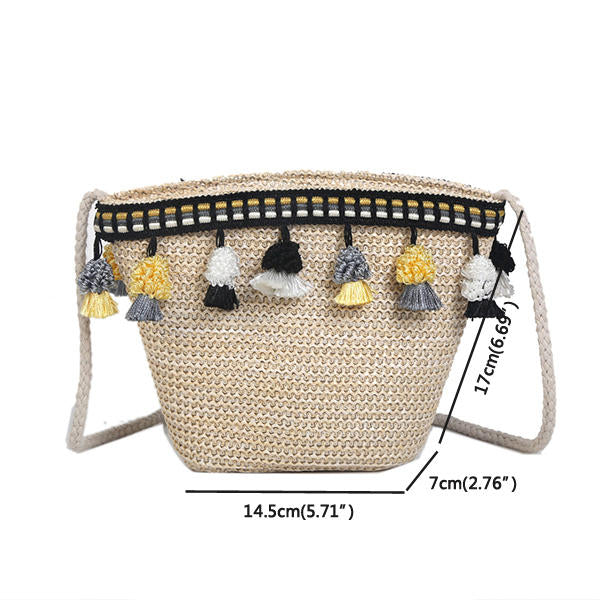 Straw Tassel Leisure Zipper Bucket Bag Shoulder Bag For Women