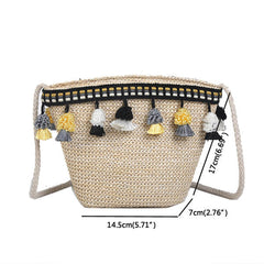 Straw Tassel Leisure Zipper Bucket Bag Shoulder Bag For Women