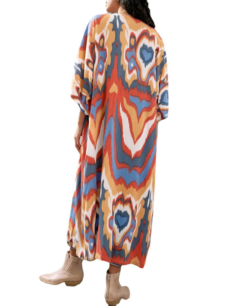 Printing Open Front 3/4 Sleeve Loose Cardigan For Women