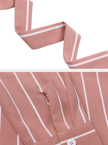 Women Striped Irregular Wrap Tie Side Stylish Long Sleeve Midi Dresses