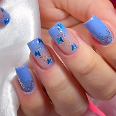 24pc Blue Butterfly & Silver Glitter Press-On Nails - Medium Square for Casual & Formal Events