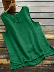 Women Pure Color Round Neck High Low Hem Casual Sleeveless Blouses