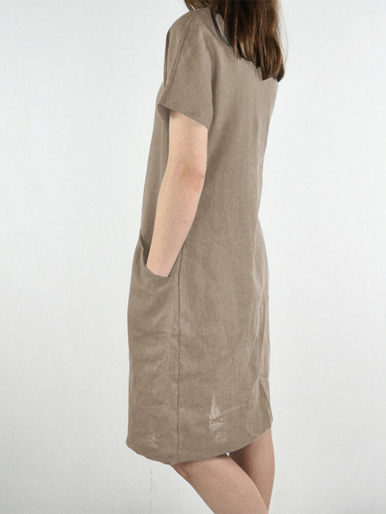 Solid Pocket V Neck Short Sleeve Casual Cotton Midi Dress