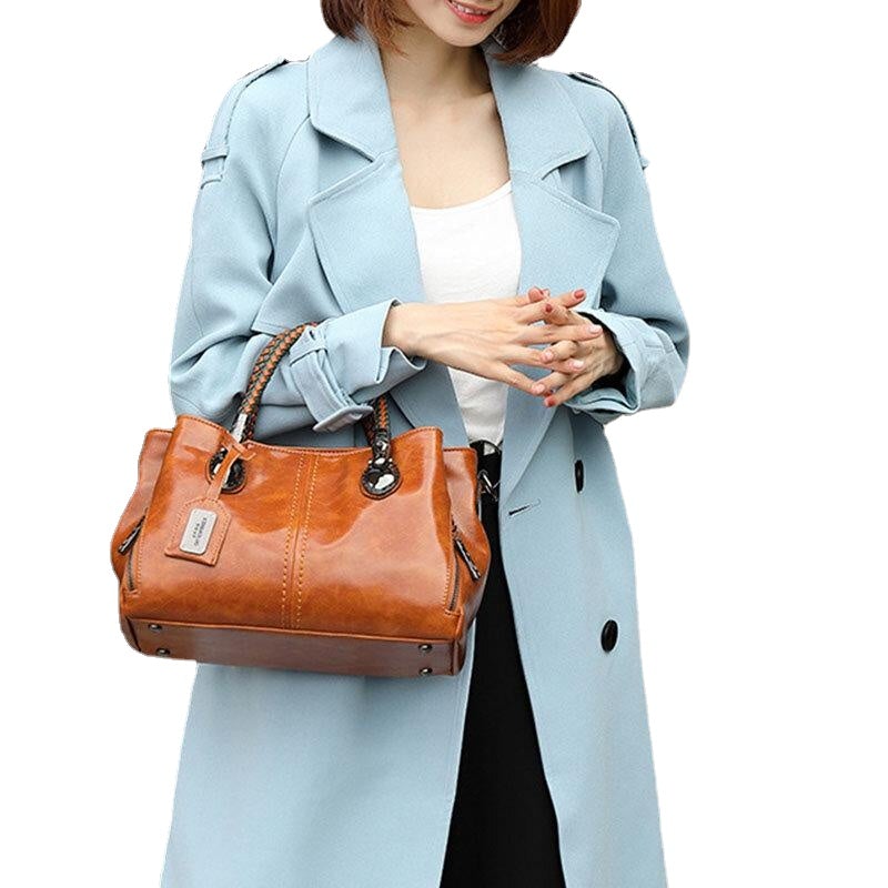 Women Vintage Handbag Oil Wax Leather Three-layer Crosssbody Bag