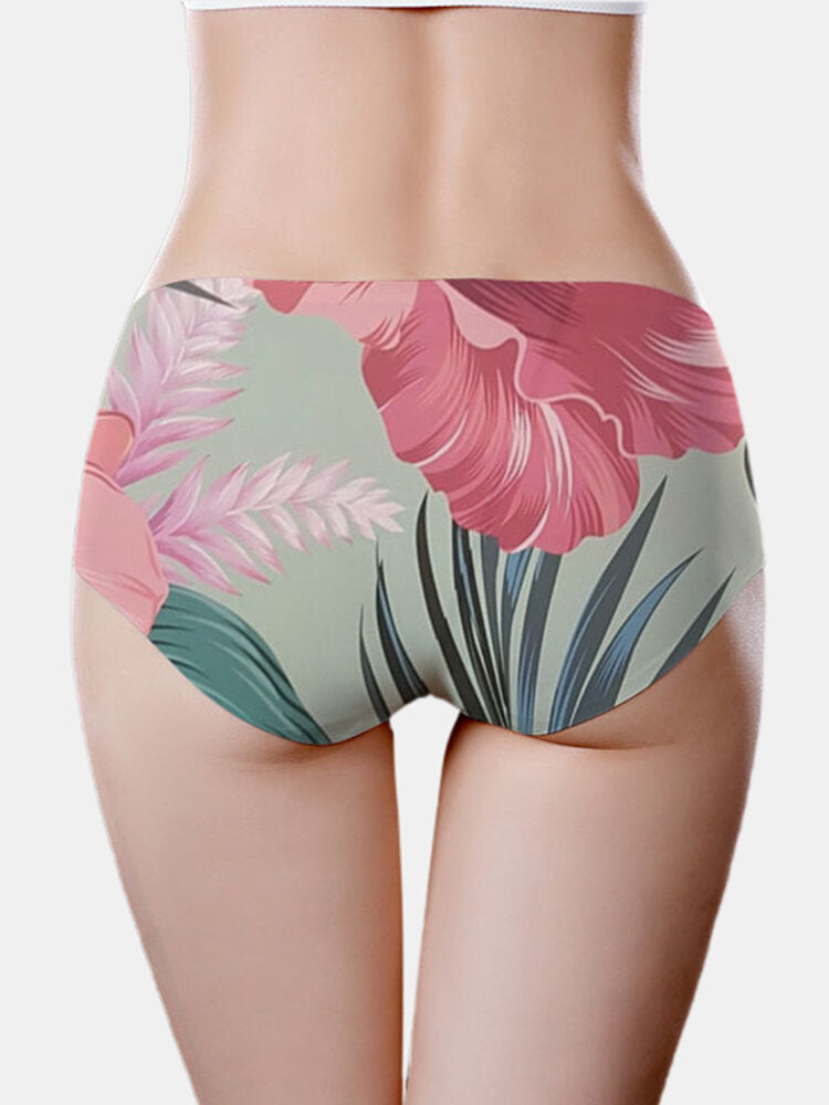 Seamless Women Floral Print Breathable Ice Silk Mid Waisted Panties