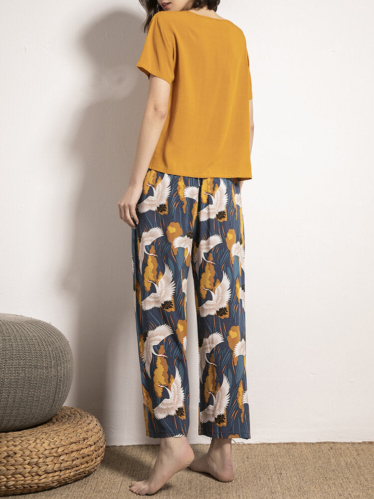 Women Ethnic Style Crane Print V-Neck Wide Leg Pajama Set