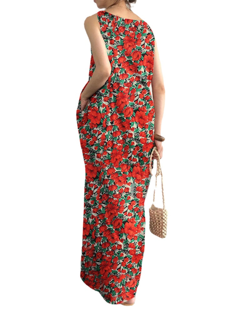 Pocket Floral Print Round Neck Sleeveless Maxi Dress