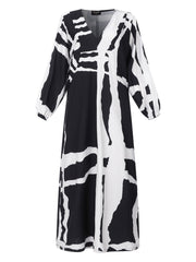 Women Irregular Plaid Printing V-Neck Long Sleeve Casual Loose Maxi Dress