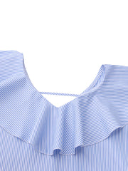 Women Ruffles Collared Striped Irregular Pleats Spliced Elastic Cuffs Casual Shirts