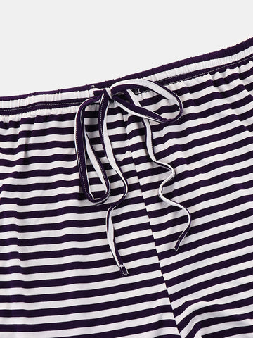 Plus Size Women Solid Color V-Neck Top Stripe Drawstring Shorts Home Pajama Set