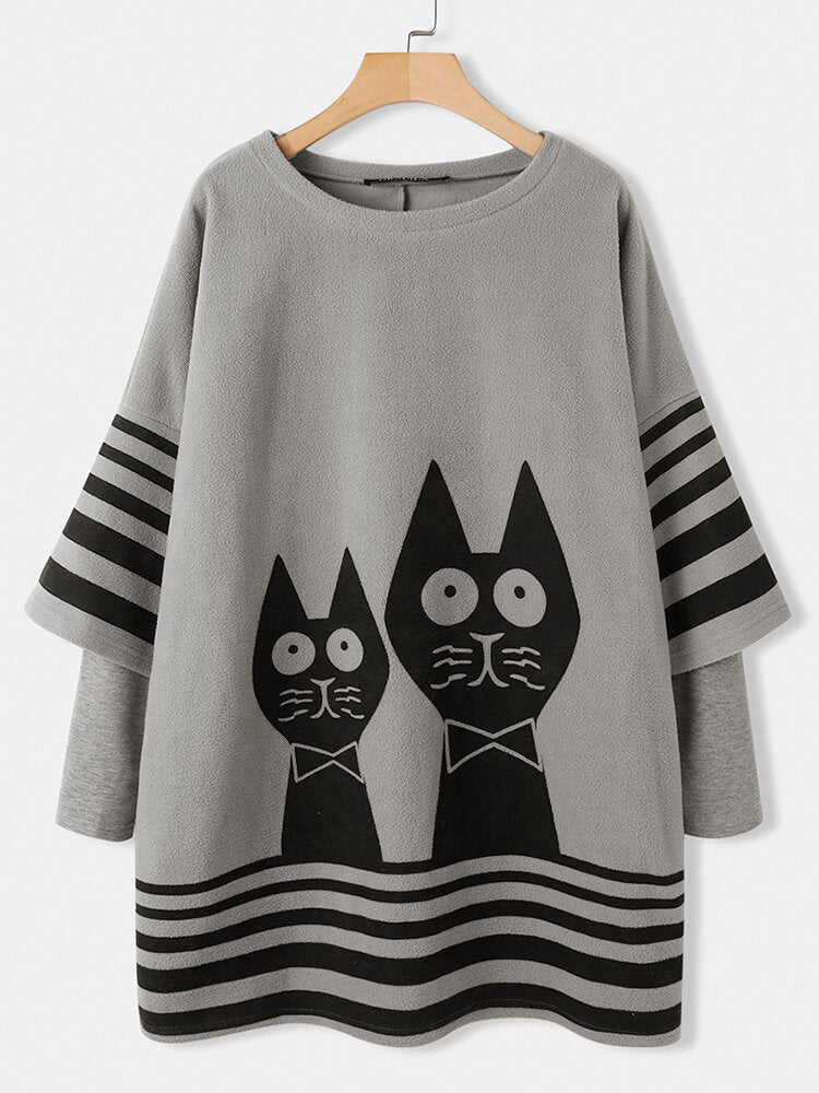 Women Cartoon Cat Stripe Print Patchwork Loose Dresses